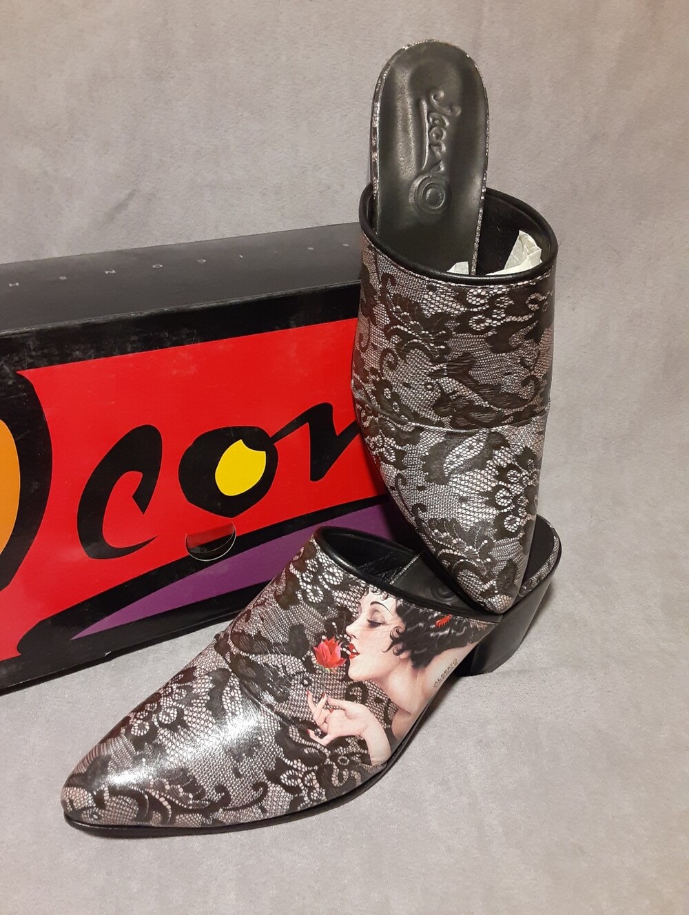 Icon Black Floral Lace Graphic Leather Slip-On Mules Clogs Sunny -38-100 New 10